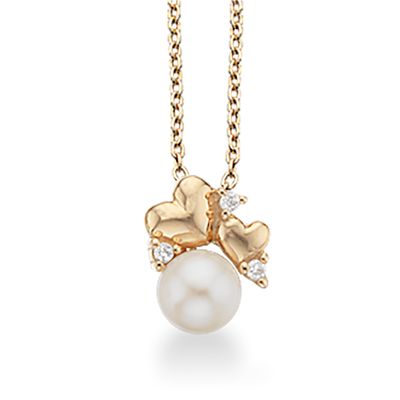 karat guld vedhæng, hjerter med ferskvands perle og zirkonia. Forgyldt sølv halskæde. 212543 – Smykkecenter